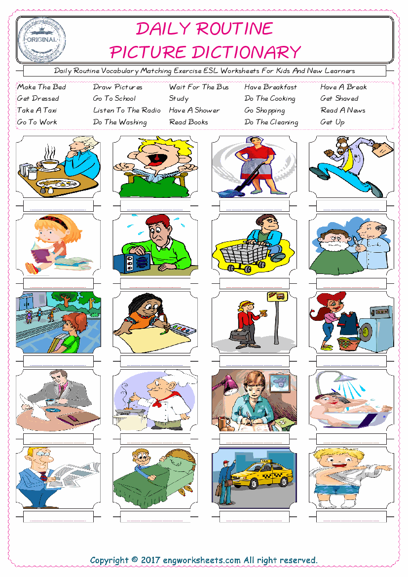  Daily Routine for Kids ESL Word Matching English Exercise Worksheet. 